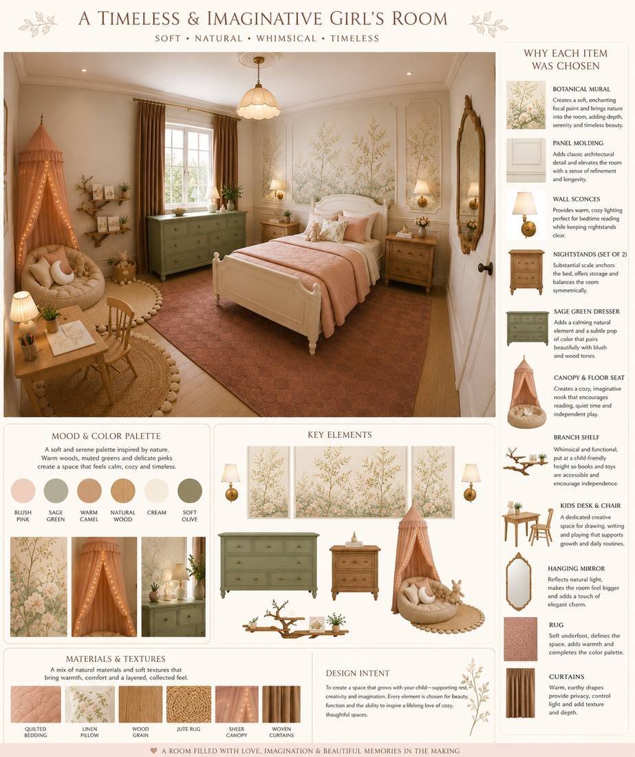 Design plan for a timeless girl's room: rendered view, colour palette, key elements, materials and why each item was chosen