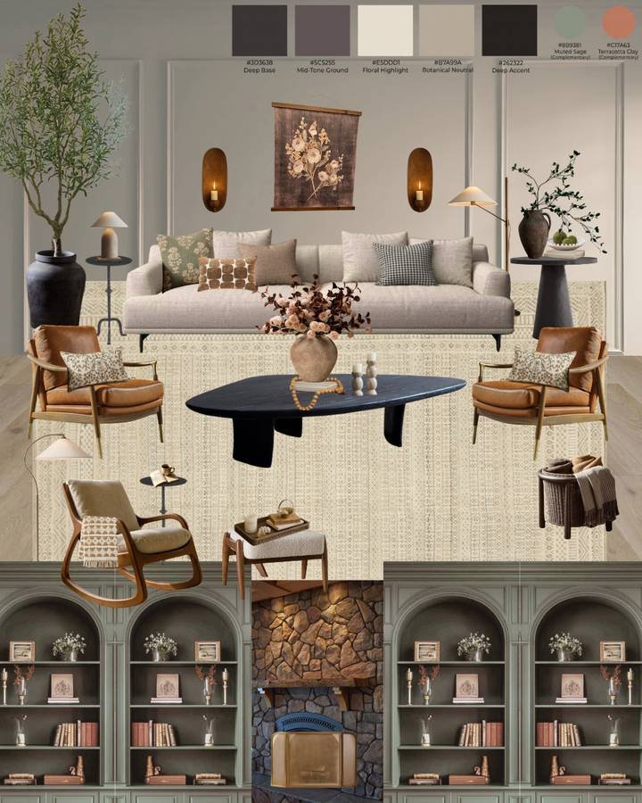 Mood board for a layered living room: linen sofa, leather chairs, sage arched shelving, sconces and a muted palette
