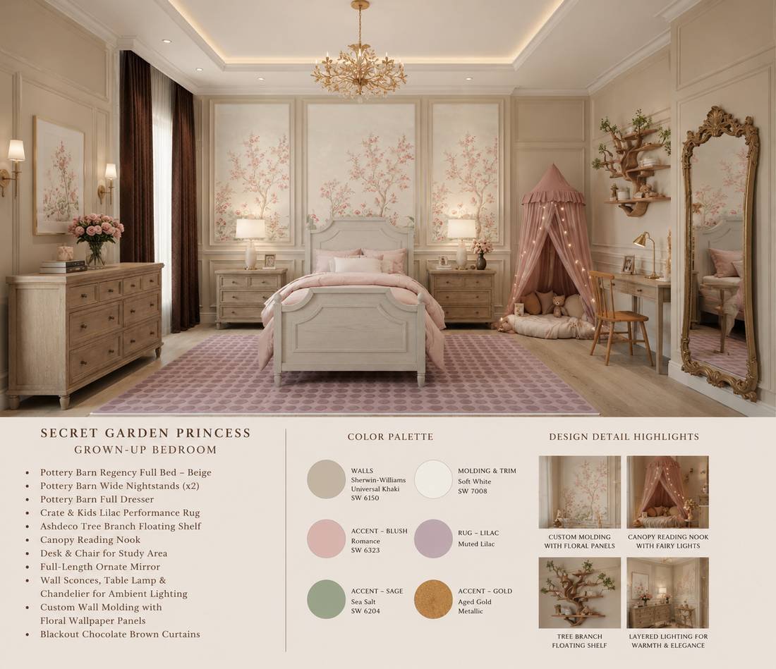 Concept board for a secret garden bedroom: rendered room, product list, paint colours and design details