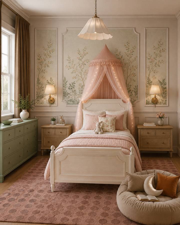 A girl's bedroom with a blush canopy, botanical wall panels and a white bed