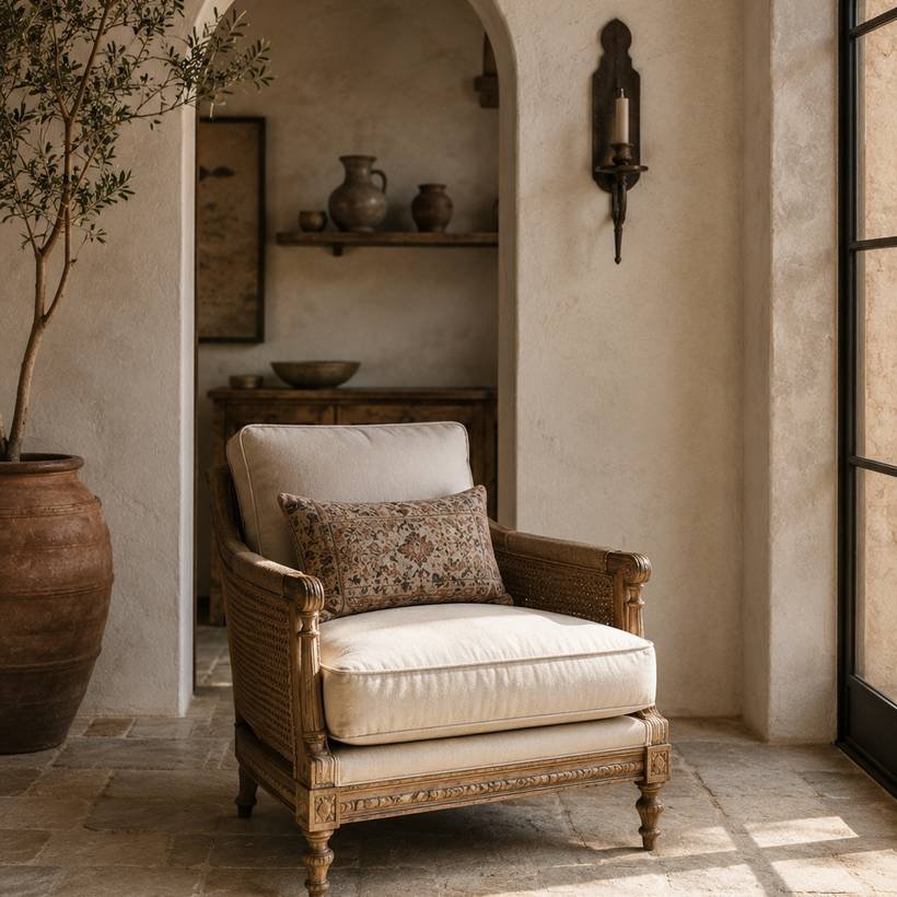 A cream armchair in an arched plaster niche beside a tall olive tree
