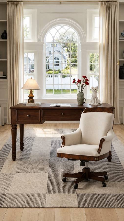 A study with an arched window, a walnut desk and a cream upholstered chair