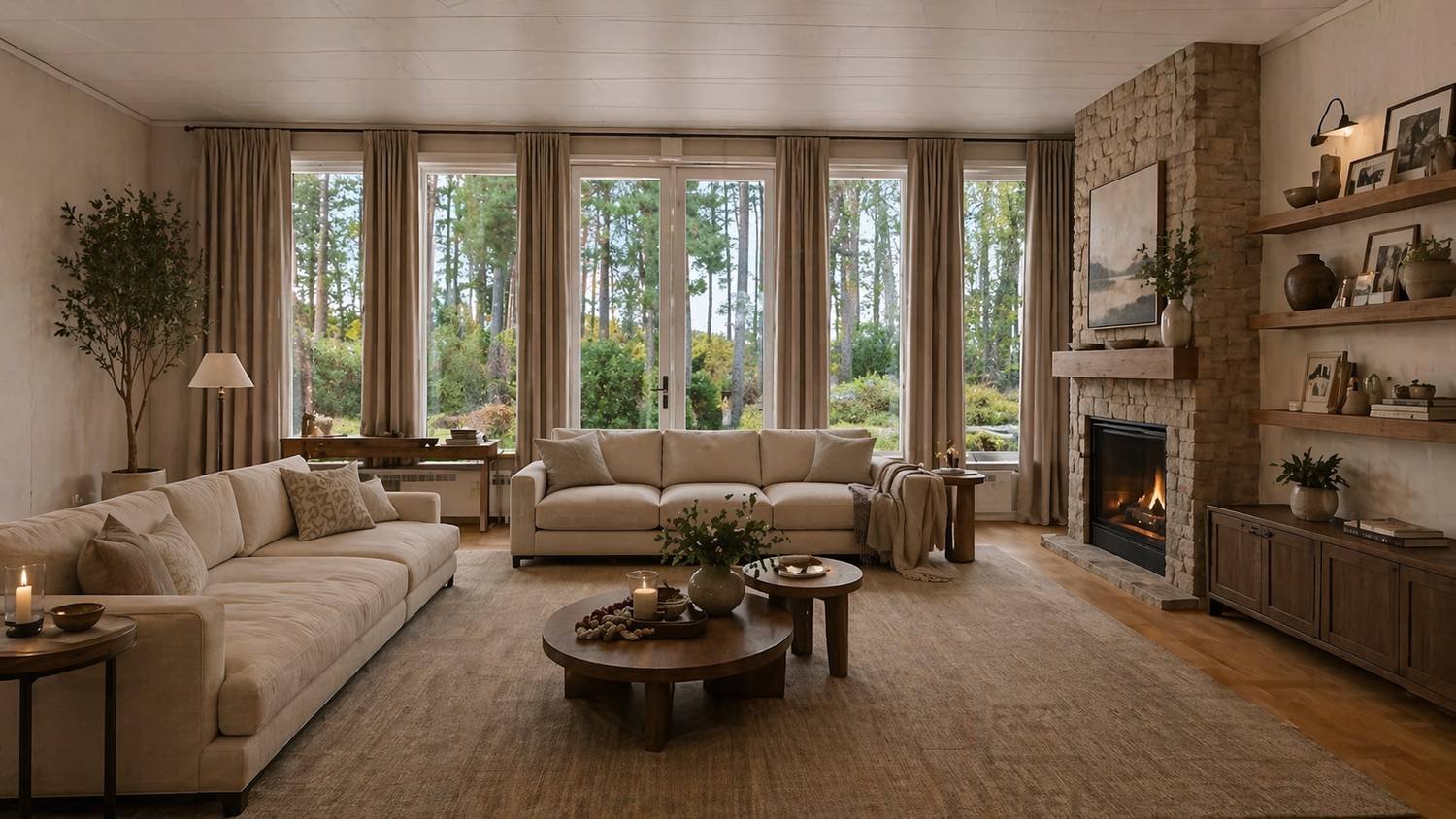 A long living room with a wall of windows to the forest, a linen sofa and a stone fireplace