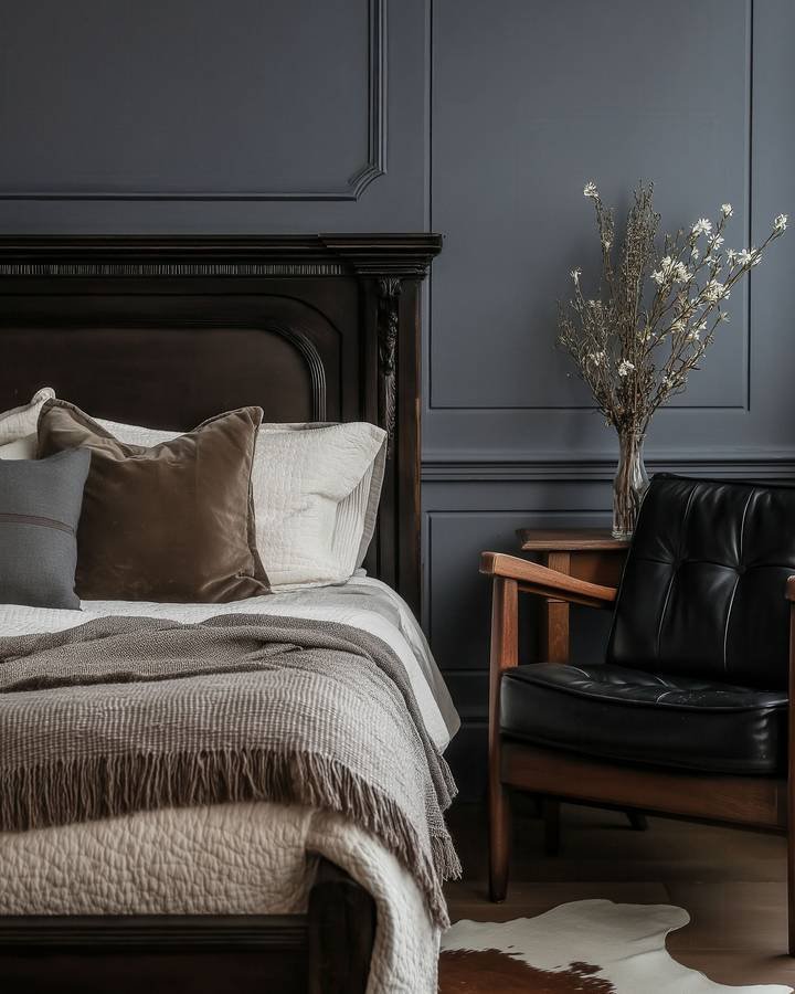 A moody bedroom with dark panelled walls, layered bedding, a leather armchair and blossom branches